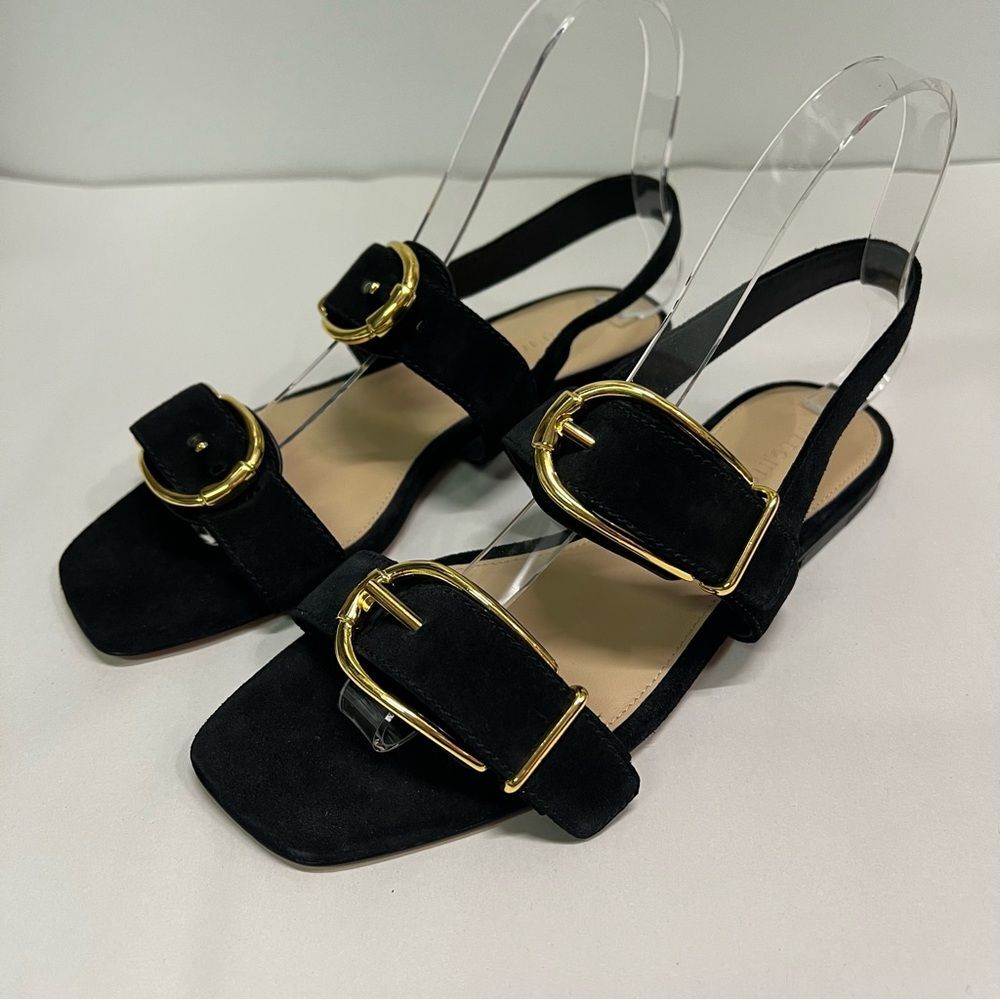 Veronica Beard Black Suede Slingback Sandals with Gold Buckles - Picture 2 of 10